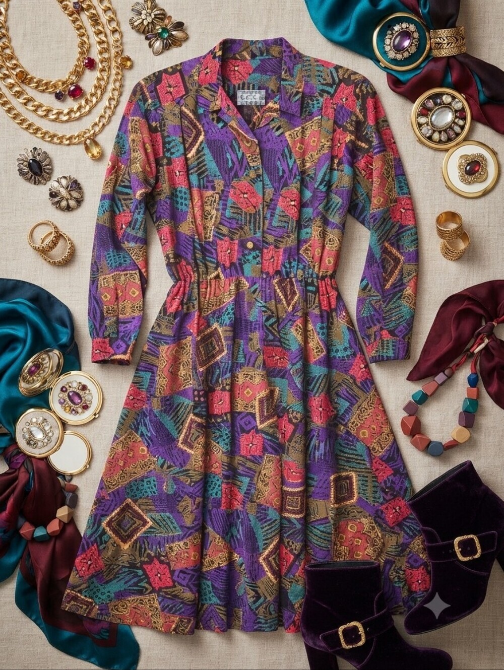 Vintage CG II Bold Wild Print Long Sleeve Dress
